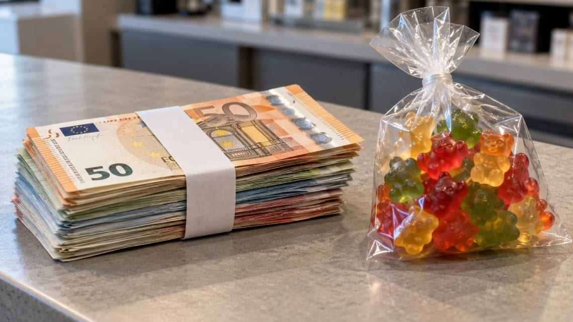 Une liasse de billets en euros posée à côté d'un petit sachet de bonbons oursons
