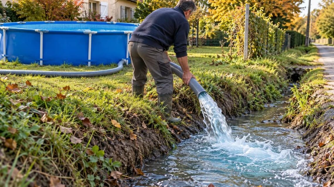 Un propriétaire vide sa piscine hors sol à l’aide d’un tuyau qui déverse l’eau dans le fossé longeant son jardin