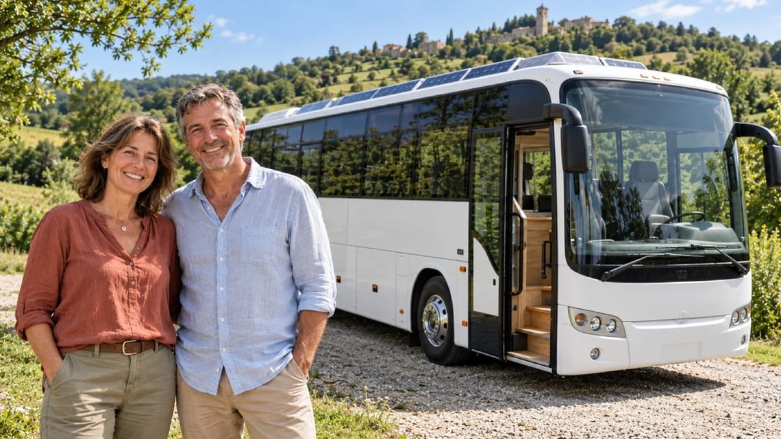 Bruno et Suzanne ont transformé cet Irisbus de 2012 en un véritable appartement roulant.