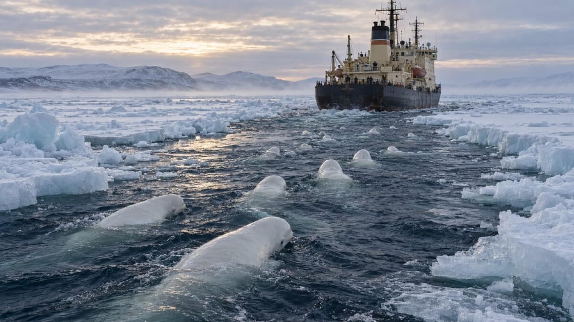 Le brise-glace soviétique Moskva dans la banquise du détroit de Senyavin, lors de l'opération de sauvetage des bélugas en février 1985
