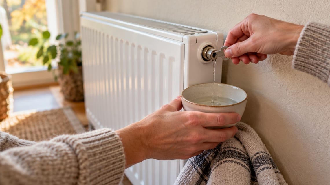 Une main ouvre la vis de purge d'un radiateur à eau chaude avec une clé, un petit récipient posé dessous