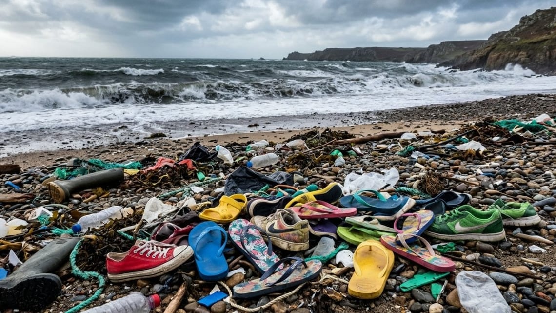 Des baskets et des tongs échouées sur une plage de l'ouest de l'Irlande
