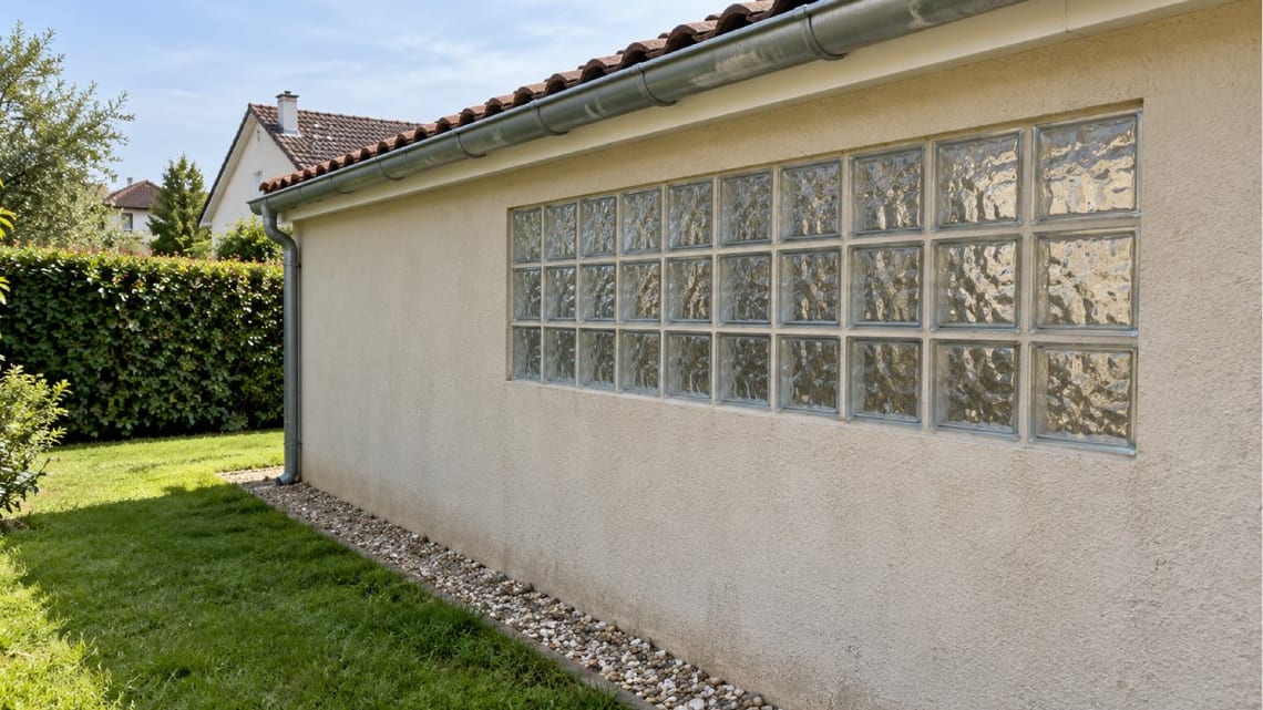 Mur latéral d'un garage en limite de propriété, percé de pavés de verre, vu depuis le jardin voisin