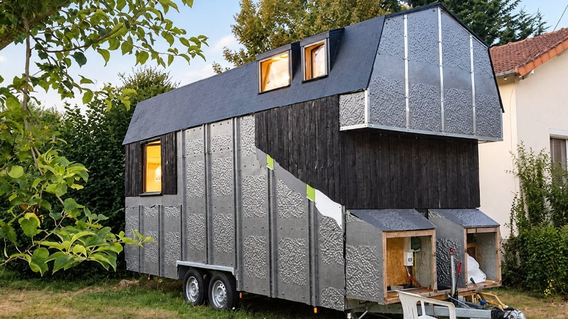 La tiny house Rosalie et son bardage en bois de palettes brûlé, construite par Sophie Di Domizio dans le Val-d'Oise