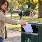 Une femme jette un papier dans une poubelle publique