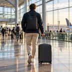 Un voyageur tire sa valise dans le hall d'un aéroport