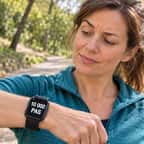 Une femme en tenue de sport consulte sa montre connectée affichant « 10 000 PAS »