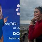 montage montrant la nageuse Luana Alonso en tenue de natation d'un côté, et à  la Tour Eiffel de l'autre