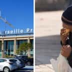 Aéroport de Marseille-Provence / une personne SDF en train de manger un sandwich 