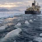 Le brise-glace soviétique Moskva dans la banquise du détroit de Senyavin, lors de l'opération de sauvetage des bélugas en février 1985