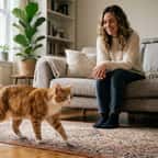 Un chat s'approche d'une personne assise sur un canapé