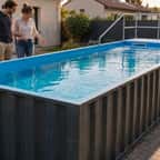 Une piscine conteneur hors sol installée dans un jardin