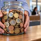 Gros plan sur les mains d'un client posant un gros bocal en verre rempli de pièces de monnaie en cuivre et en argent sur le comptoir d'une banque.