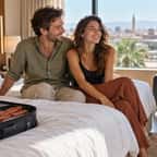 Chambre d'hôtel avec un lit fait et une valise ouverte