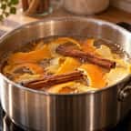 Une casserole d'eau où frémissent des écorces d'orange et des bâtons de cannelle sur une plaque de cuisson