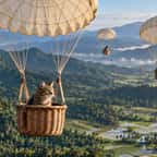 Illustration : un chat dans un panier en osier suspendu à un parachute au-dessus des rizières de Bornéo