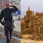 Des policiers sur la plage et un château de sable