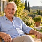 Un homme de 70 ans souriant, détendu, assis sur la terrasse ensoleillée d'une maison avec un jardin verdoyant.