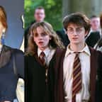 montage montrant J.K. Rowling d'un côté et une scène avec Hermione, Harry et Ron de l'autre
