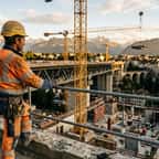 Ouvrier du bâtiment de dos sur un chantier avec un paysage suisse en arrière-plan