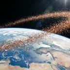 Vue spatiale réaliste de la Terre montrant un anneau scintillant composé de minuscules aiguilles de cuivre