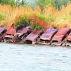 Les vieilles voitures le long des berges