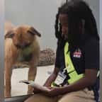 Nehemiah Turner en train de faire la lecture à un chien du refuge 