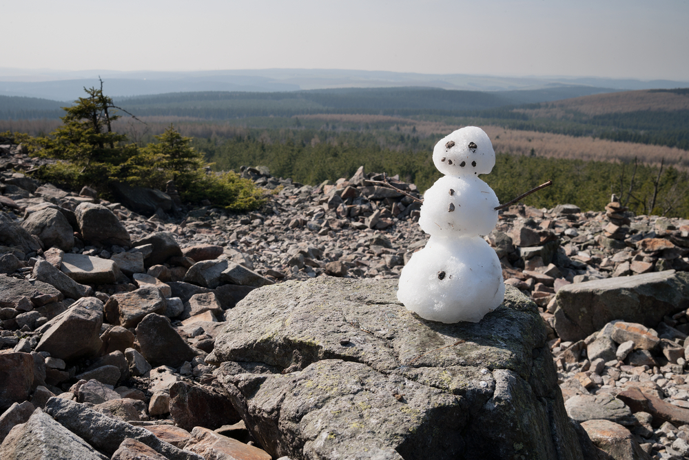 Un bonhomme de neige dans un paysage d'allure printanière