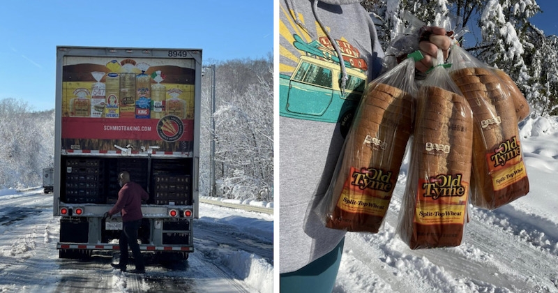 Bloqué par la neige sur une autoroute, un chauffeur distribue sa cargaison de pains aux automobilistes