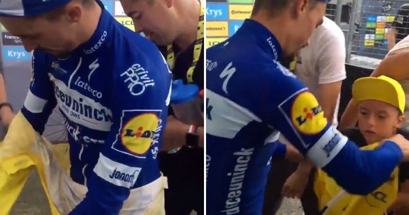 Le cycliste français Julian Alaphilippe a ému Twitter après avoir offert son maillot jaune à un petit garçon qui grelottait sous la pluie