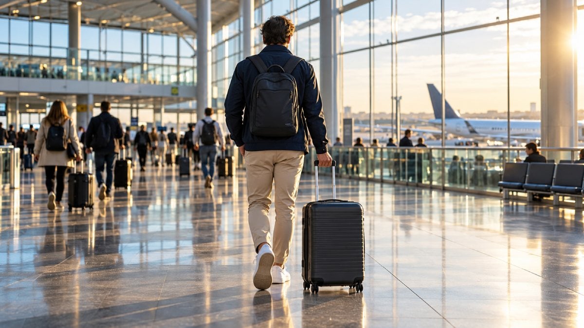 Un voyageur tire sa valise dans le hall d'un aéroport