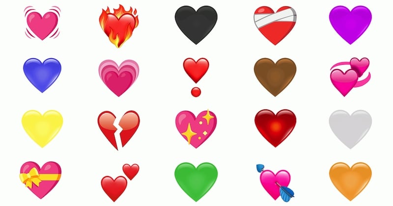 Signification des emoji coeur : blanc, rouge, noir, rose, violet, jaune