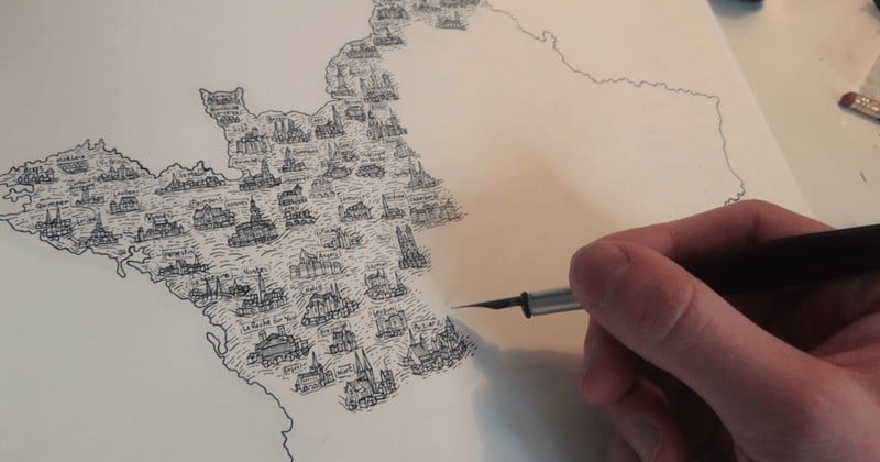 À seulement 19 ans, ce jeune dessinateur reproduit la carte de France à l'encre de Chine, en y intégrant les plus célèbres monuments