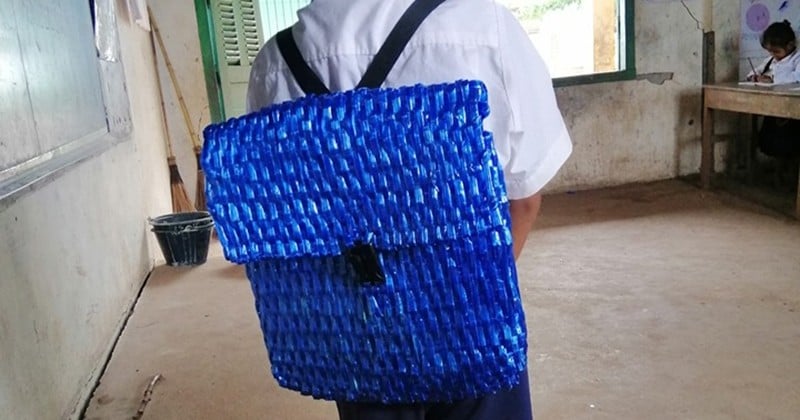 Une maîtresse d'école partage la photo d'un élève et de son cartable en plastique fait maison par son père