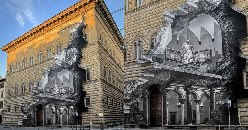 Signée JR, cette magnifique oeuvre en trompe-l'oeil « ouvre » la façade d'un musée de Florence, fermé pendant le confinement
