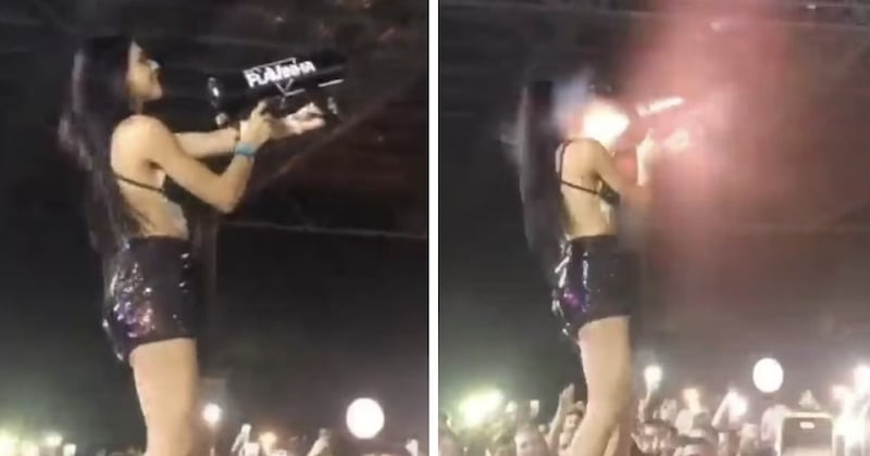 Une DJ brésilienne tient un canon à confettis à l'envers, l'objet lui explose au visage