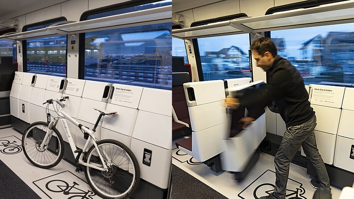 Dans ces trains, des sièges amovibles permettent de créer un espace dédié aux vélos