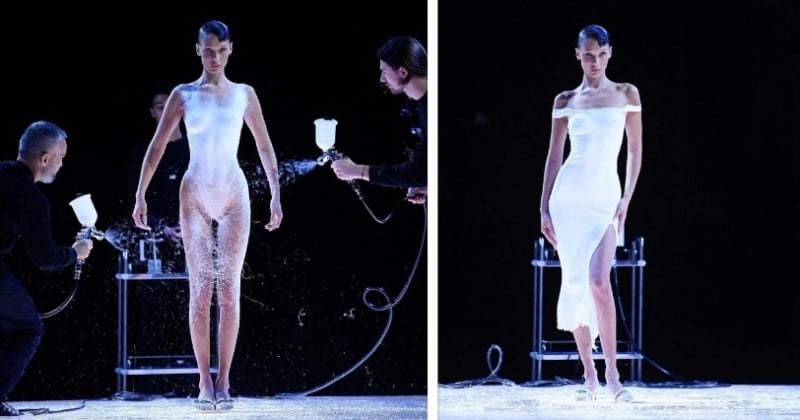 Cette robe vaporisée directement sur le corps de Bella Hadid a fait sensation lors de la fashion week à Paris