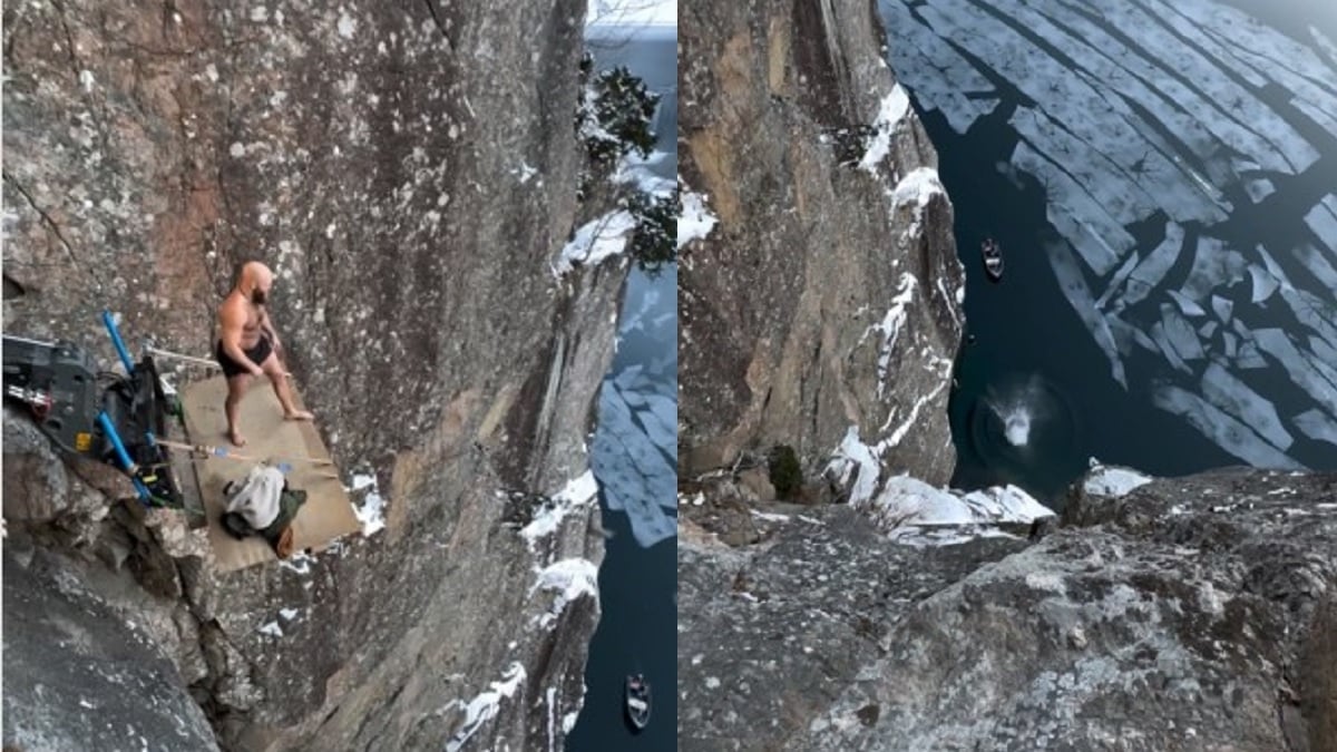 Vidéo : il saute de 40 mètres de haut dans l'eau glacée et réalise un record du monde, les images font le buzz