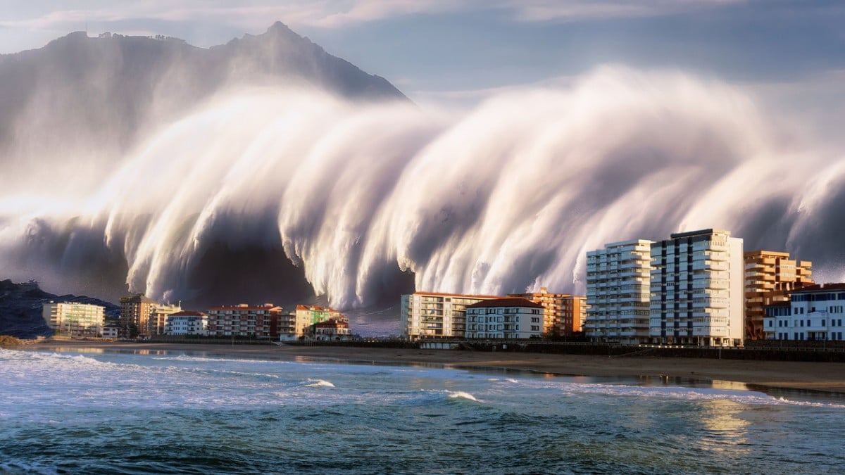 Une ville submergée par un tsunami