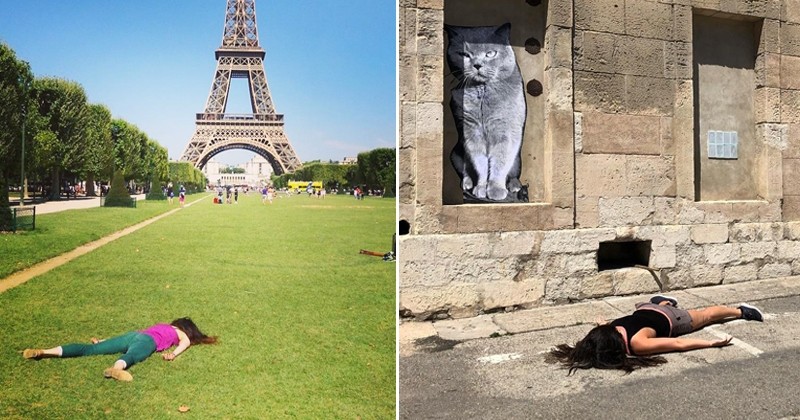 Excédée par les selfies, elle s'amuse à se prendre en photo couchée à plat ventre dans les lieux qu'elle visite