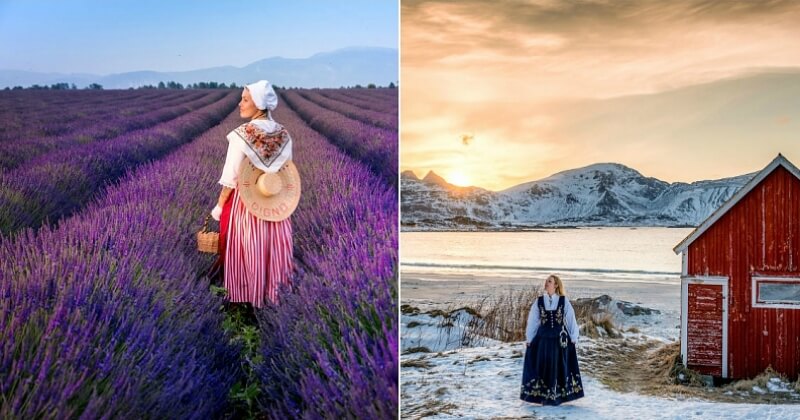 Cette voyageuse se prend en photo avec les tenues traditionnelles de chaque pays qu'elle traverse