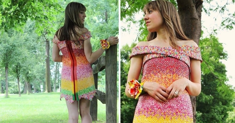 Cette jeune femme a réalisé une robe en 4 ans avec plus de 10 000 papiers de bonbons ! 