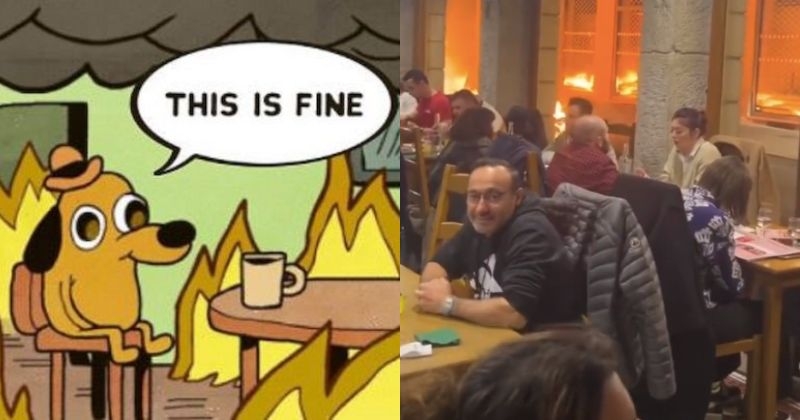 Cette vidéo d'un resto, où les clients dînent malgré les flammes, est vraie et n'échappe pas à la comparaison avec un célèbre mème