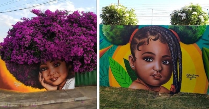 Il intègre des arbres fleuris à ses peintures murales pour réaliser des portraits de femmes uniques