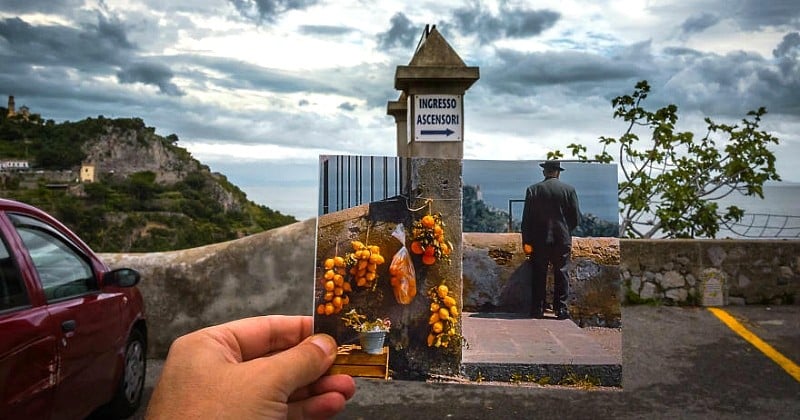 Il insère de vieilles photos dans les paysages qu'il traverse durant ses voyages, et le rendu est vraiment cool