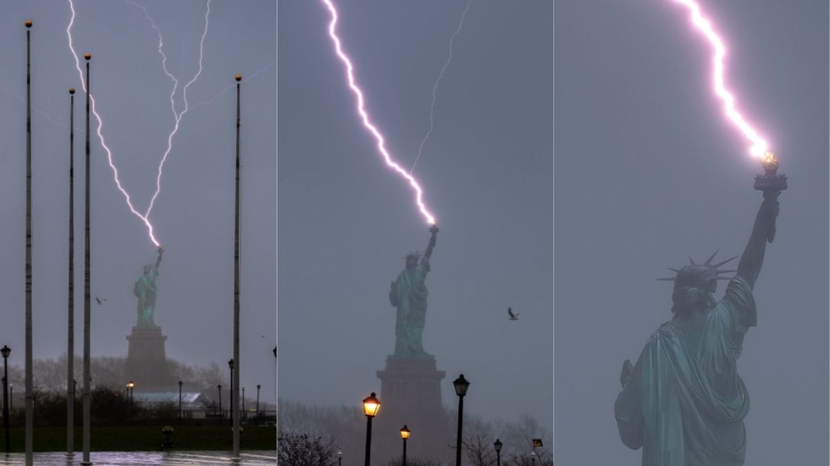 La statue de la Liberté foudroyée sur des photos rares et spectaculaires