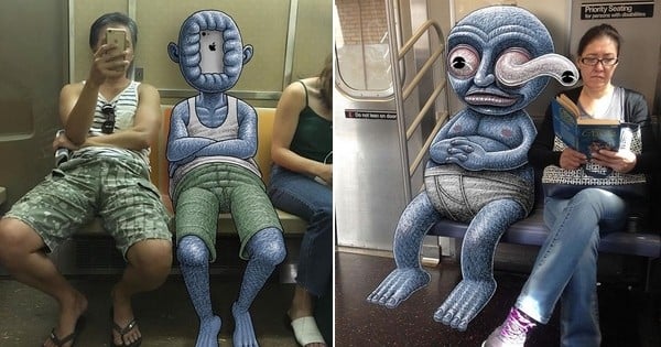 Cette artiste s'amuse à rajouter des monstres aux côtés d'étrangers dans le métro