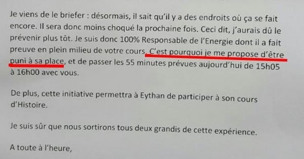 « Si mon fils a réagi avec empathie, c'est ma faute. C'est moi qui l'ai éduqué comme ça » : la lettre géniale d'un papa qui propose à la maîtresse... de faire une heure de colle à la place de son fils !