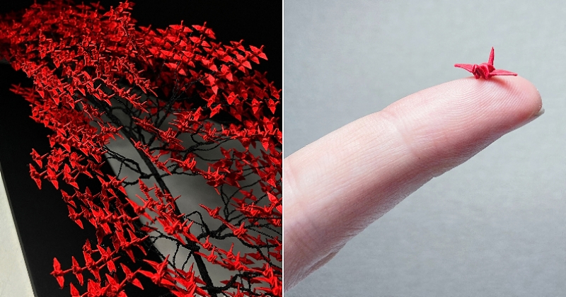 Grâce à des milliers de minuscules origamis en forme d'oiseau, il réalise des arbres absolument grandioses